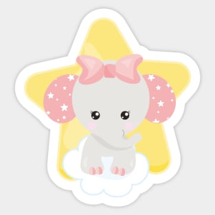 Elephant On A Cloud, Cute Elephant, Stars, Ribbon Sticker